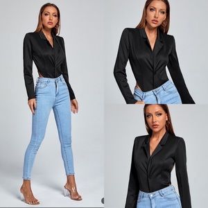 Sadie Lane Shoulder Padded V-Neck Silky Bodysuit